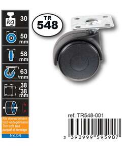 Image produit Roulette Double Polyamide &Oslash; 50mm sur plaque - Charge max 30kg - Hauteur tot. 63mm - Plateau 38 x 38 mm