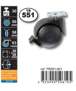 Image produit Roulette Double Polyamide &Oslash; 50mm sur plaque avec frein - Charge max 30kg - Hauteur tot. 63mm - Plateau 38 x 38 mm