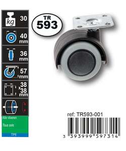 Image produit Roulette Double Thermoplast. Rubber &Oslash; 40mm sur plaque - Charge max 30kg - Hauteur tot. 57mm - Plateau 38 x 38 mm