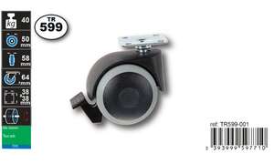 Image produit Roulette Double Thermoplast. Rubber &Oslash; 50mm plaque - frein - Charge max 40kg - Hauteur tot.64mm -Plateau 38 x 38 mm
