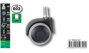 Image produit Roulette de Chaise bureau double Rubber &Oslash; 50mm - Tige 11x22 mm - Charge max 40kg - Hauteur tot.60 mm
