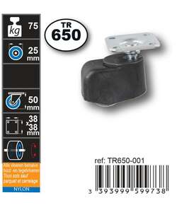 Image produit Roulette Cylindrique Polypropyl&egrave;ne &Oslash; 25mm - sols souples - Charge max 75kg - Hauteur tot. 50mm - Plateau 38 x 38 mm