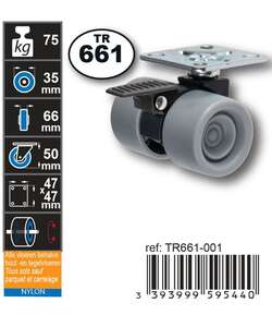 Image produit Roulette Double Polypropyl&egrave;ne &Oslash; 35mm plaque avec frein -Charge max 75kg - Hauteur tot. 50mm - Plateau 47 x 47 mm