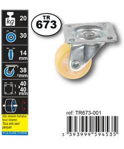 Image produit Roulette Double PU (polyureth.) &Oslash; 30mm Jaune sur plaque - Charge max 20kg - Hauteur tot. 38mm - Plateau 40 x 40 mm