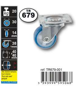Image produit Roulette Double PU (polyureth.) &Oslash; 30mm Bleue sur plaque - Charge max 20kg - Hauteur tot. 38mm - Plateau 40 x 40 mm