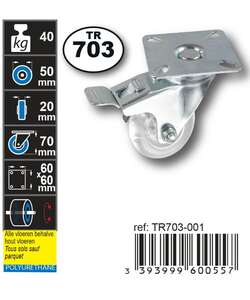 Image produit Roulette Design &Oslash; 50 mm pivotante frein - Charge max 40kg - Hauteur tot. 70mm - Plateau 60 x 60 mm