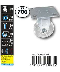 Image produit Roulette Design &Oslash; 50mm fixe , charge max 40kg, hauteur tot. 70mm, plateau 60x60mm TR706-001