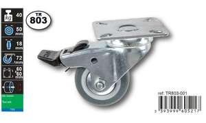Image produit Roulette Thermoplast. Rubber &Oslash; 50mm pivotante avec frein - Charge max 40kg - Hauteur tot. 72mm - Plateau 60 x 60 mm