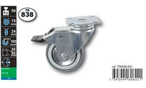 Image produit Roulette Thermoplast. Rubber &Oslash; 75mm pivot. avec frein - Charge max 50kg - Hauteur tot. 103mm - Plateau 60 x 60 mm