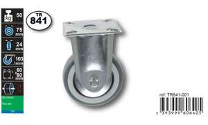 Image produit Roulette Thermoplast. Rubber &Oslash; 75mm fixe avec pare fils - Charge max 50kg - Hauteur tot. 103mm - Plateau 60 x 60 mm