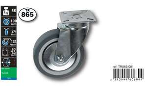 Image produit Roulette Thermoplast. Rubber &Oslash; 100mm pivot.avec pare fils - Charge max 55kg - Hauteur tot. 124mm - Plateau 60 x 60 mm