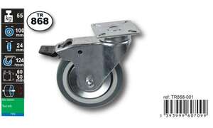 Image produit Roulette Thermoplast. Rubber &Oslash; 100mm pivot. avec frein - Charge max 55kg - Hauteur tot. 124mm - Plateau 60 x 60 mm