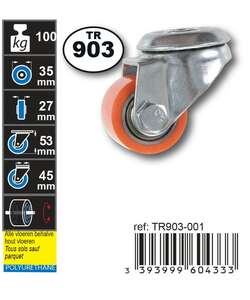 Image produit Roulette PU (polyurethane) &Oslash; 35mm il central - Charge max 100kg - Hauteur tot. 56 mm