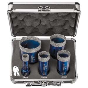 Image produit CUTZ - Coffret Tr&eacute;pans SET L &agrave; sec pour carrelage, gr&egrave;s, c&eacute;rame fin hauteur 35 mm, compos&eacute; diam.20, 35, 40, 50, 68mm M14