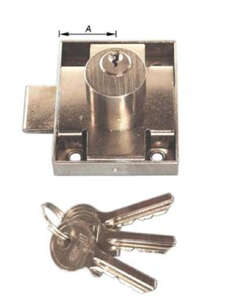 Image produit Serrure de meuble appliquer &agrave; cylindre - R&eacute;vers. - Caisse 56 x 46 x 10 mm - &Oslash; 22 mm - Bichromat&eacute;e